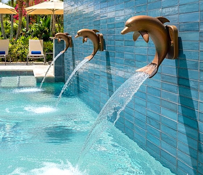 Pool Dolphin Scupper Spillway and Sheer Descent Water Feature Fountain For Pools and Landscapes
