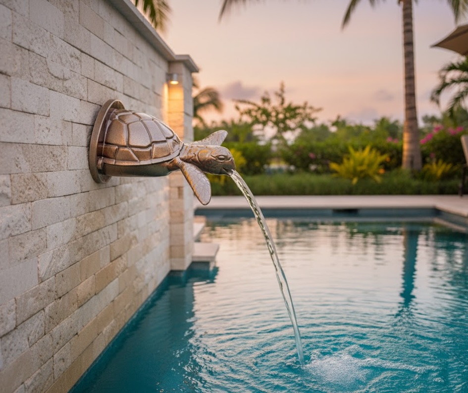 Sea Turtle Pool Scupper Spillway: Hand-Finished Metallic Water Feature - Image 2