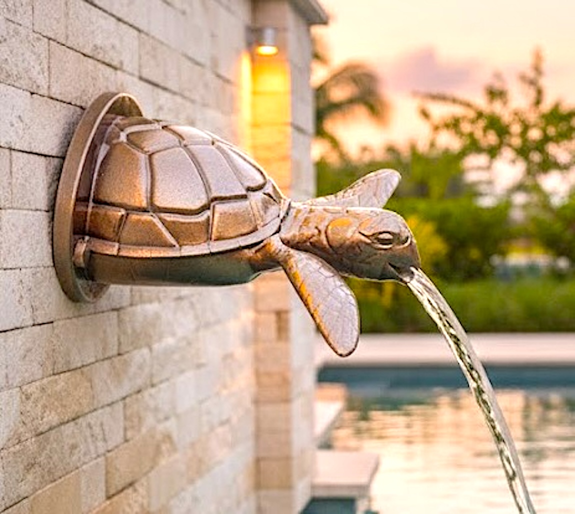 Sea Turtle Pool Scupper Spillway: Hand-Finished Metallic Water Feature