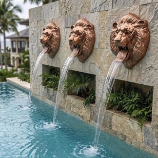 Lion Head Pool Scupper Water Feature | Decorative Pool Fountain | 1.5" FPT Inlet | Water Wall & Spa Spillway