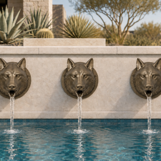 Wolf Head Pool Scupper, Sculptural Water Feature Fountain Decor, Multiple Finishes