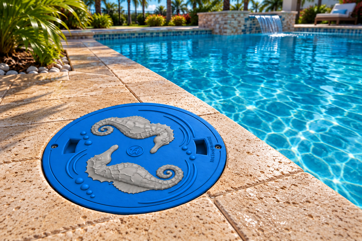 Seahorse Skimmer Lid 9-7/8" Round – Decorative Cover – Non-Load-Bearing – Coastal Pool Deck Decor by Artista Pools®