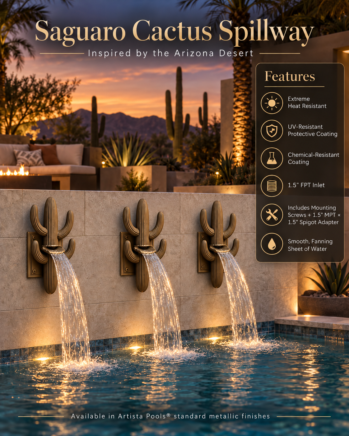 Saguaro Cactus Pool Scupper – Southwest Pool Water Feature, Bronze Cactus Spillway, Arizona Desert Wall Fountain, 1.5" FPT - Image 2